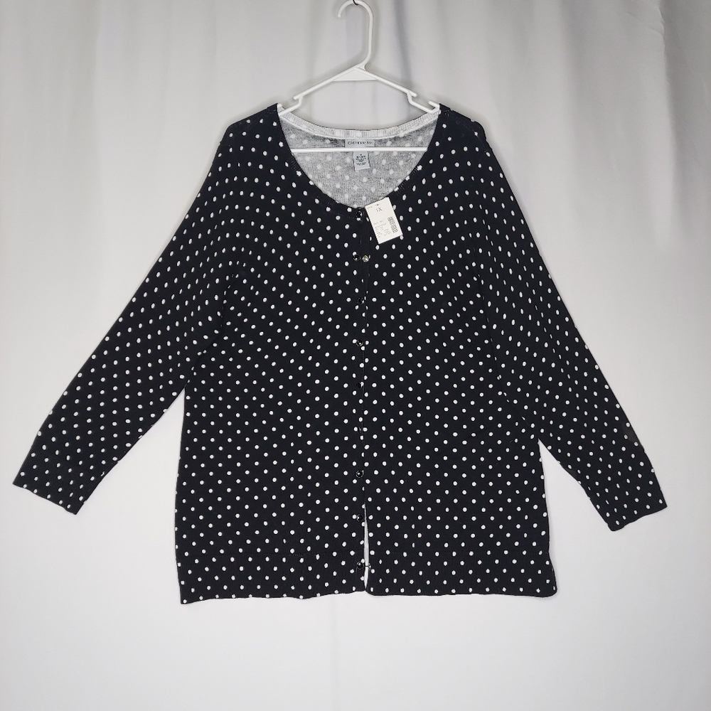 Catherines Cardigan‎ Women 1X Black White Polka-Dot Cotton Knit Snap Button Prep